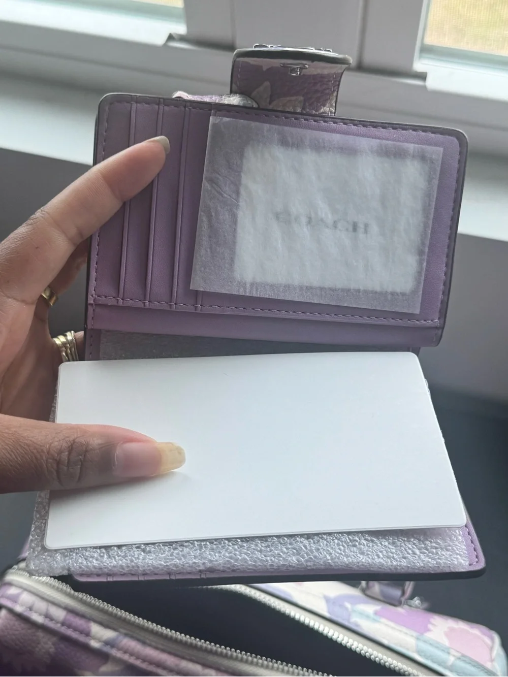 COACH Signature Canvas Satchel Wallet Set w/ Floral Print In Silver/Ivory/Purple - Picture 8 of 9